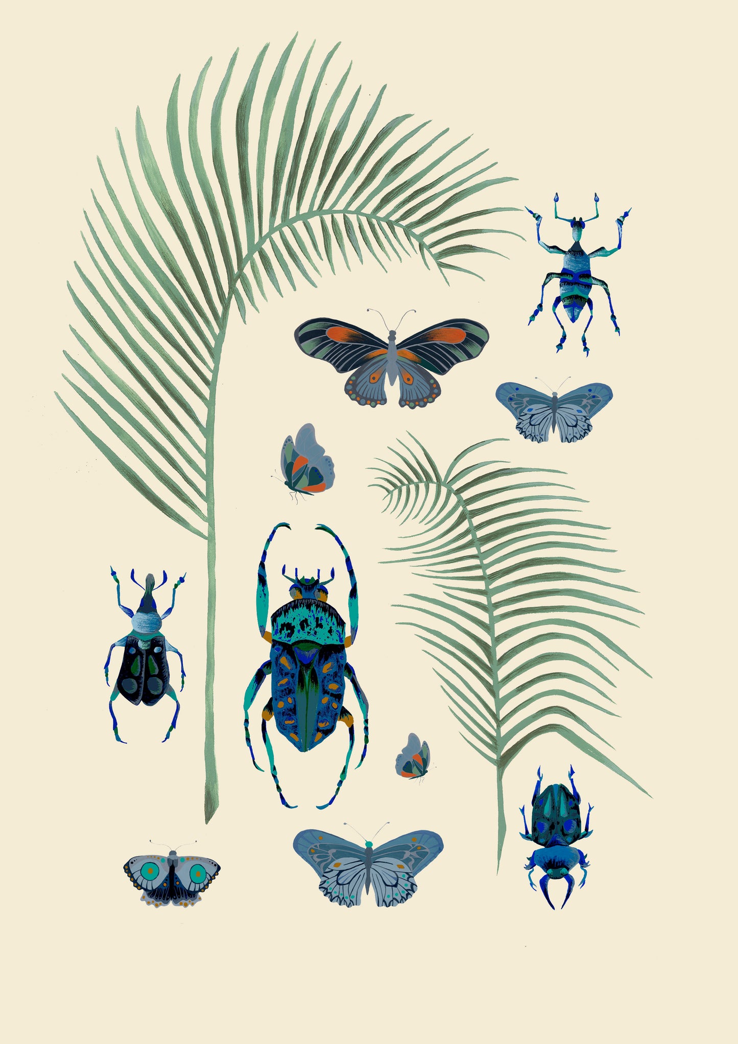 Insects and Palm Leaves A4 Art Print